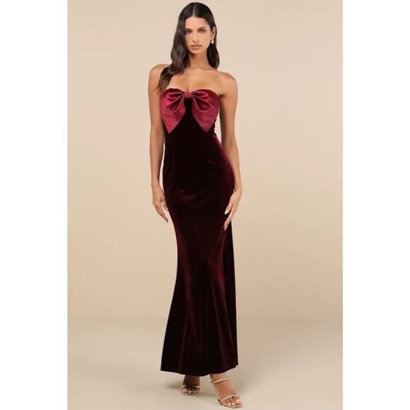 NEW Lulus Dramatic Stunner Burgundy Velvet Bow Strapless Maxi Dress - Picture 1 of 13